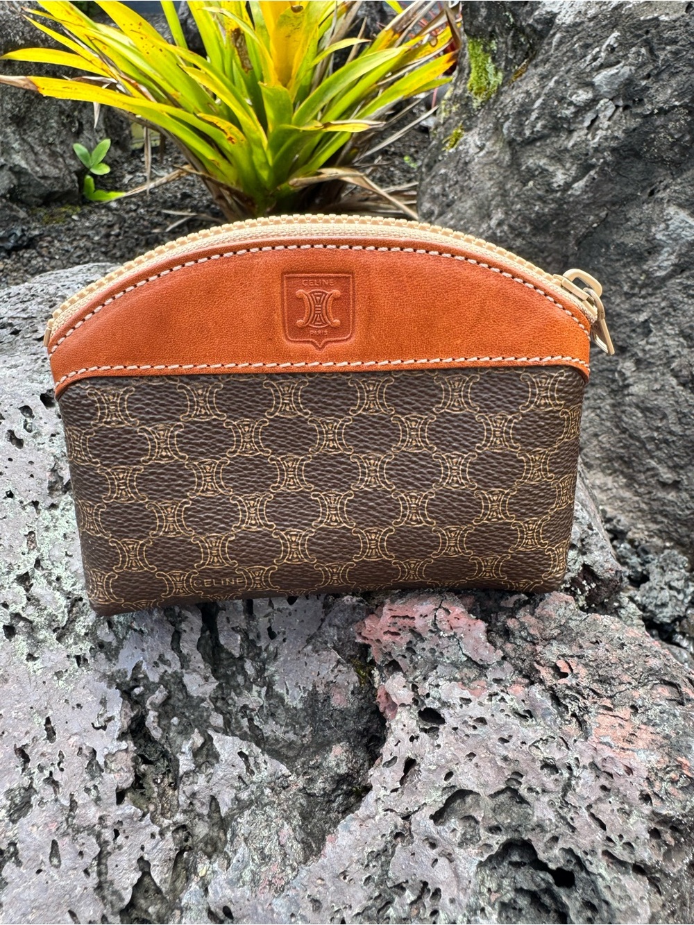 Celine Vintage Macadam Cosmetic Pouch Brown Tan Zip Case Made in Italy